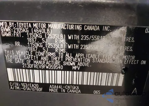 2015 Toyota Rav4 Limited from USA, damaged, VIN 2T3DFREV9FW359540